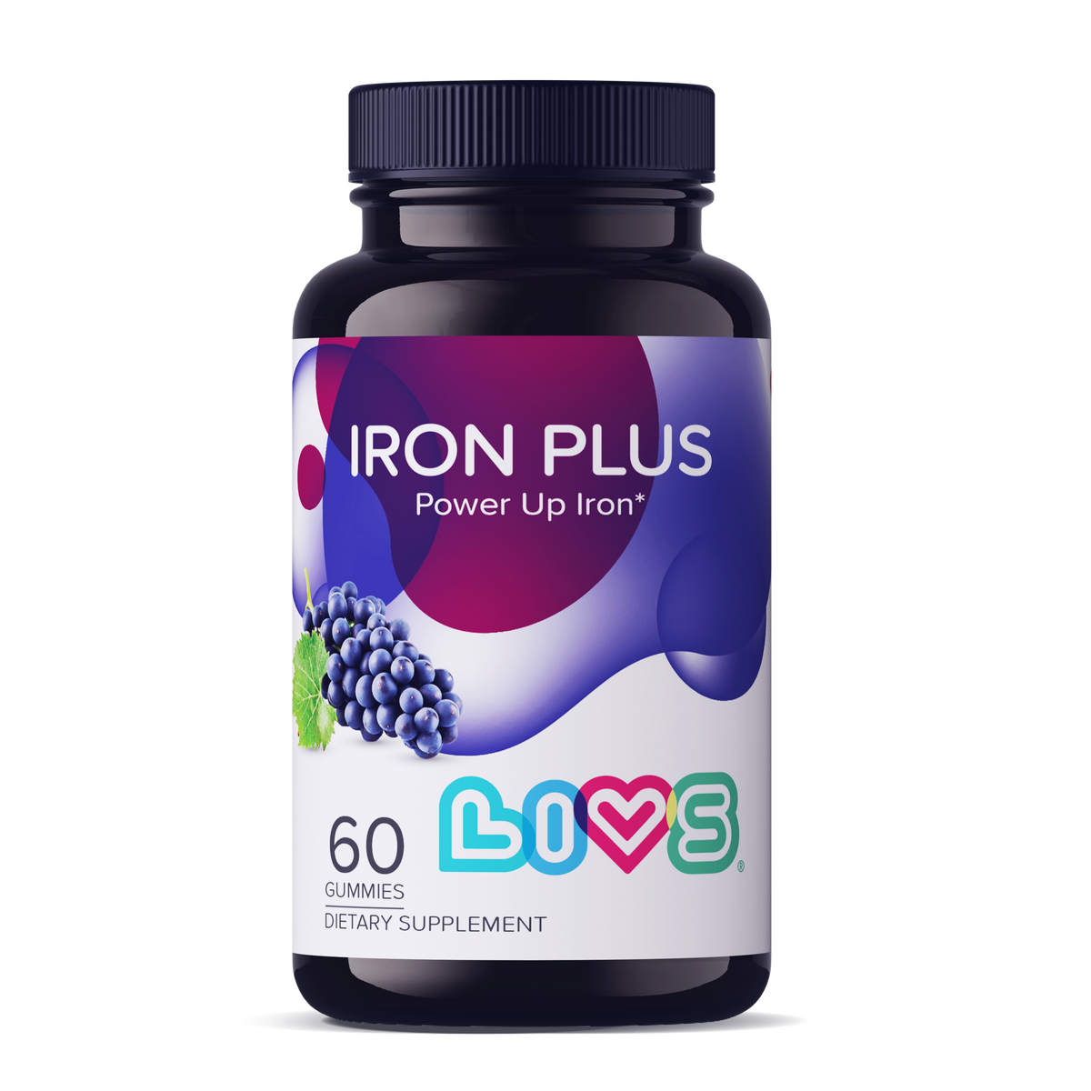 LIVS Iron Plus 60 gummies grape flavor, 30-day supply, front of bottle