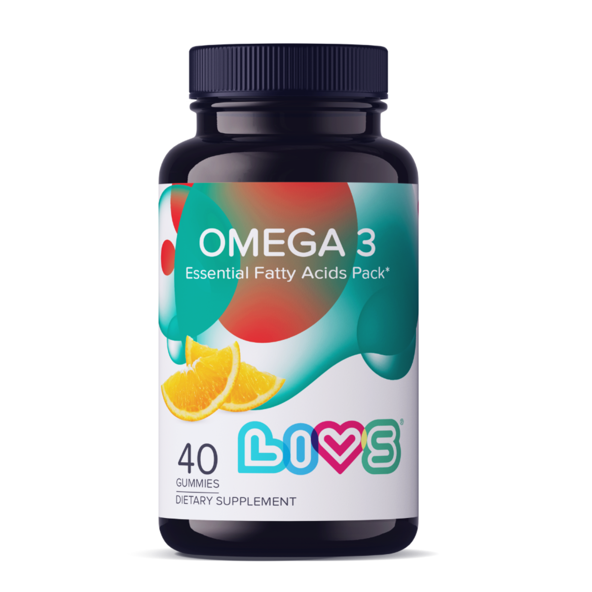 Open bottle of LIVS orange-flavored plant-based Omega 3 gummies spilling out