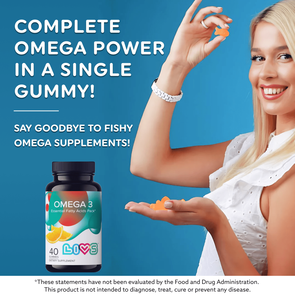 Person happily taking a delicious orange Omega 3 gummy supplement